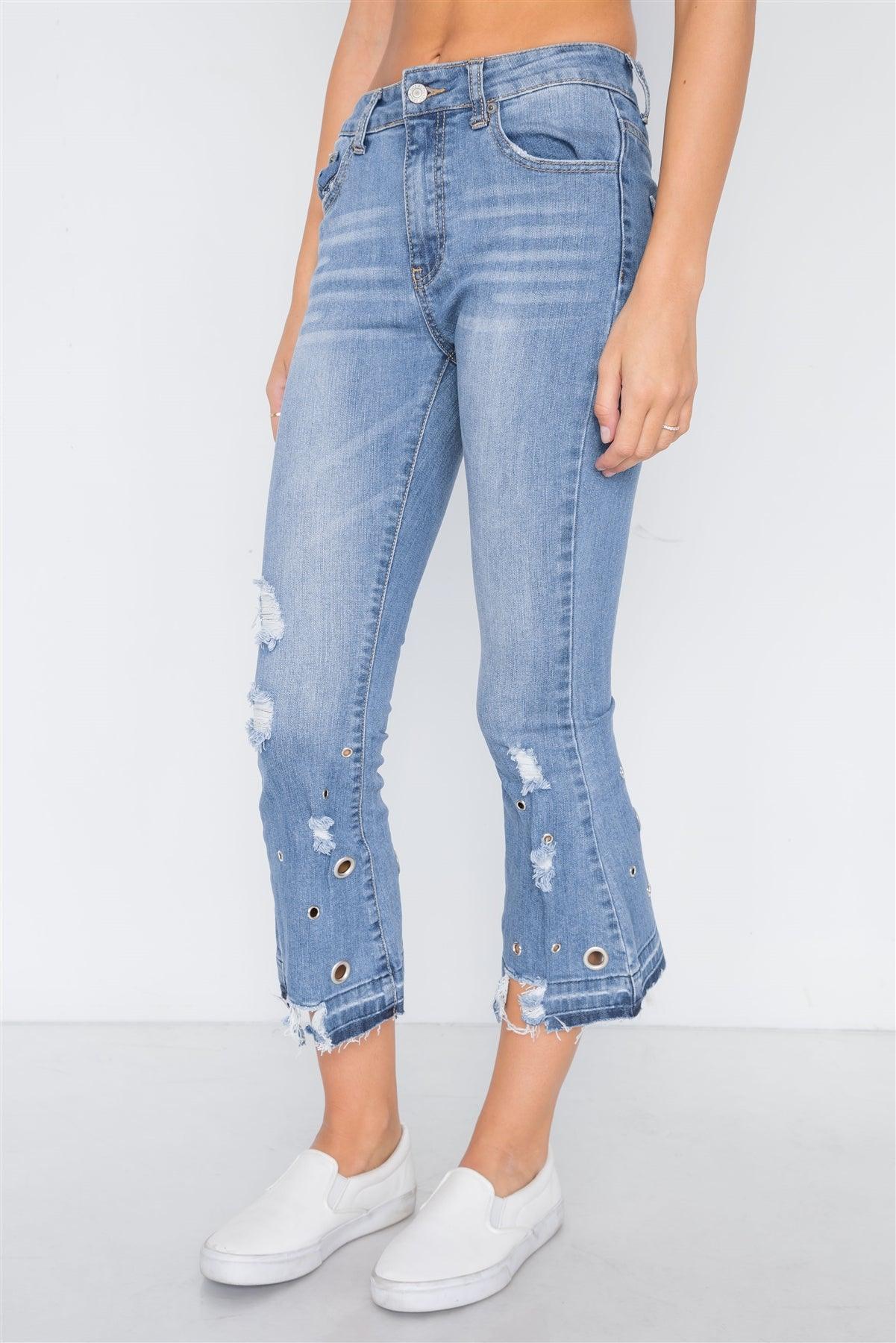 Medium Blue Denim Distressed Flare Ankle Jeans /2-3-3-2-2-2