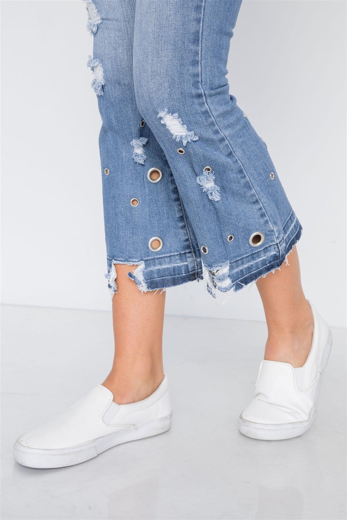 Medium Blue Denim Distressed Flare Ankle Jeans /2-3-3-2-2-2