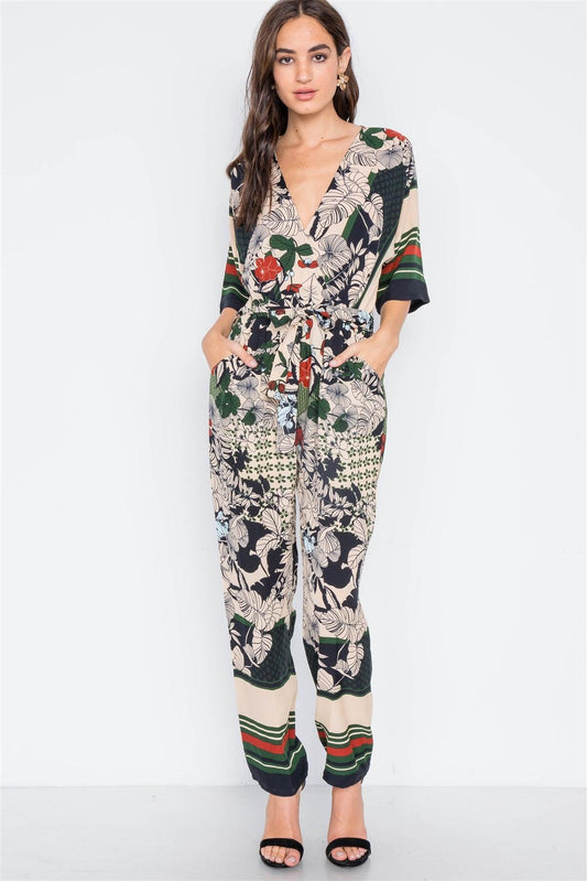 Navy Multi Print Surplice Neck Wide Leg Jumpsuit /2-3-3-1