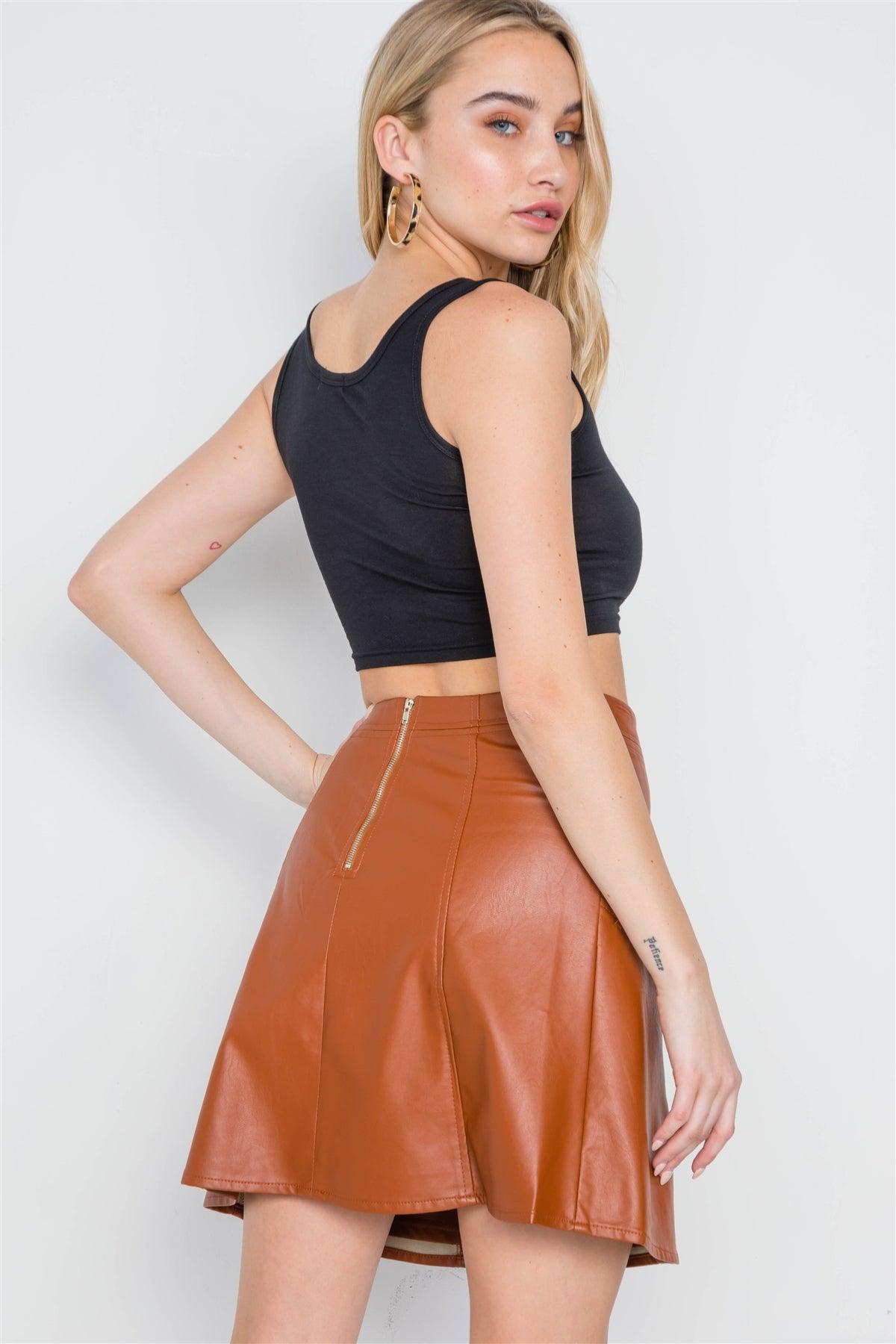 Camel High-Waist Vegan Leather Mini Skirt /2-2-3