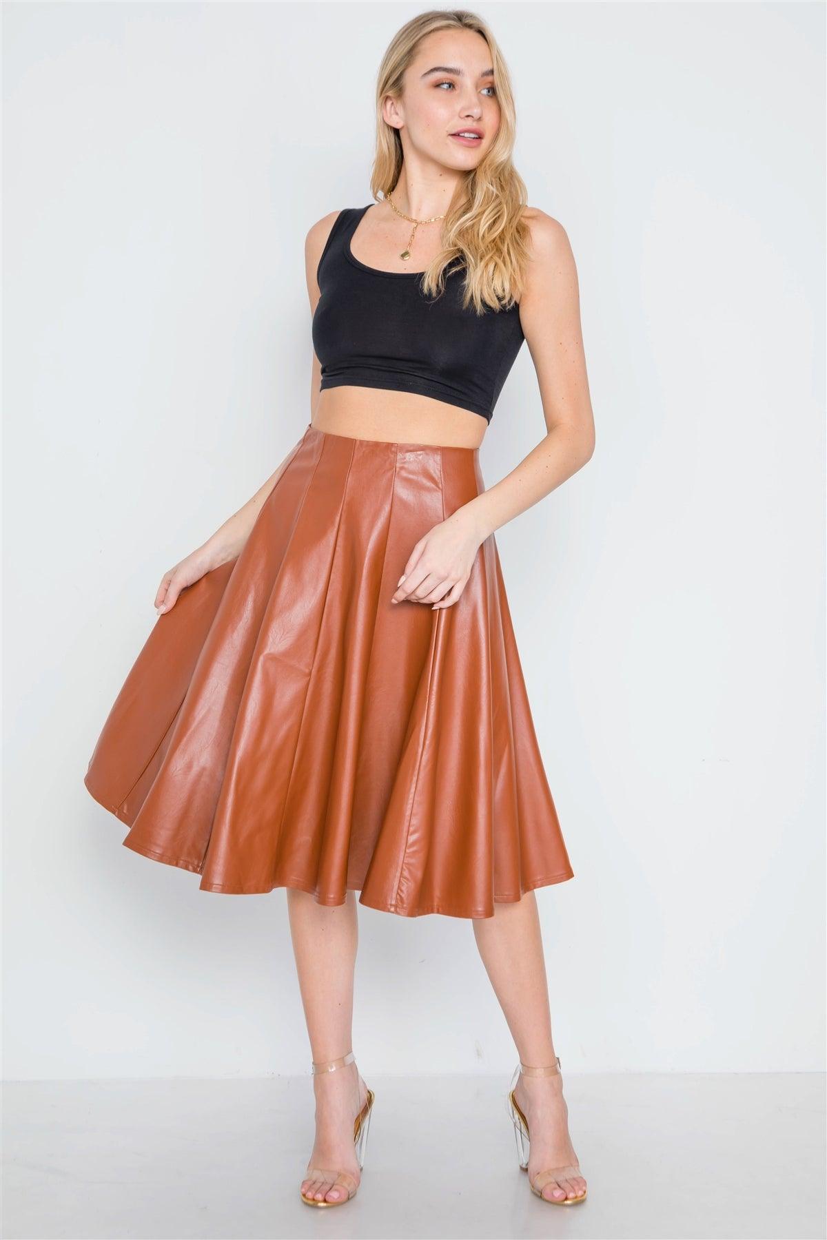 Camel Vegan Leather A-Line High-Waist Skirt /2-2-2