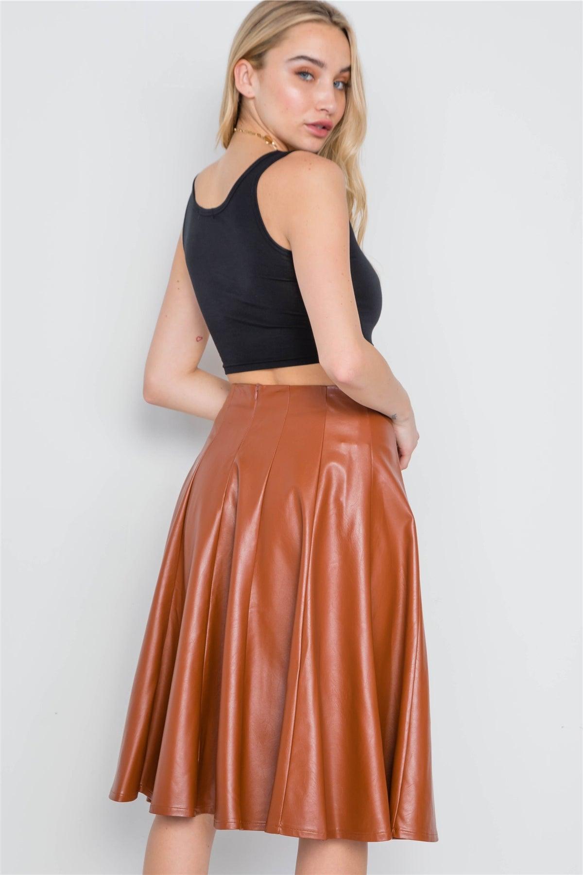 Camel Vegan Leather A-Line High-Waist Skirt /2-2-2