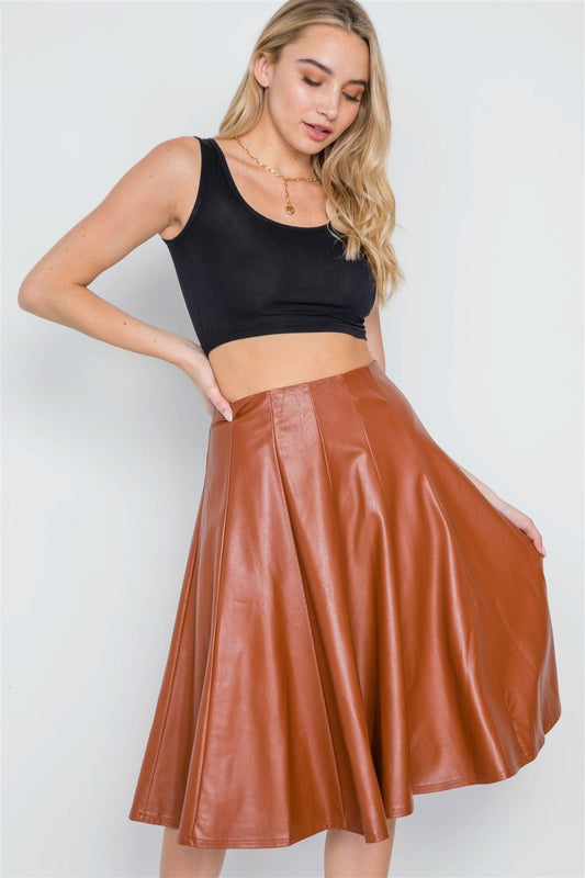 Camel Vegan Leather A-Line High-Waist Skirt