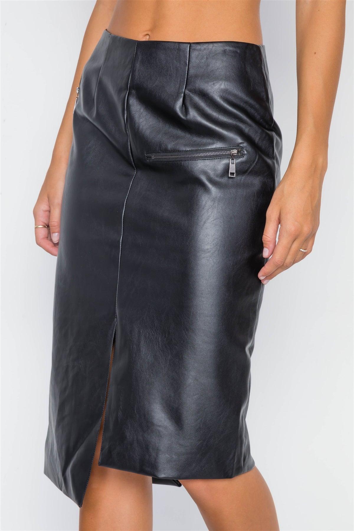 Black Vegan Leather High-Waist Asymmetrical Hem Skirt / 2-2-2