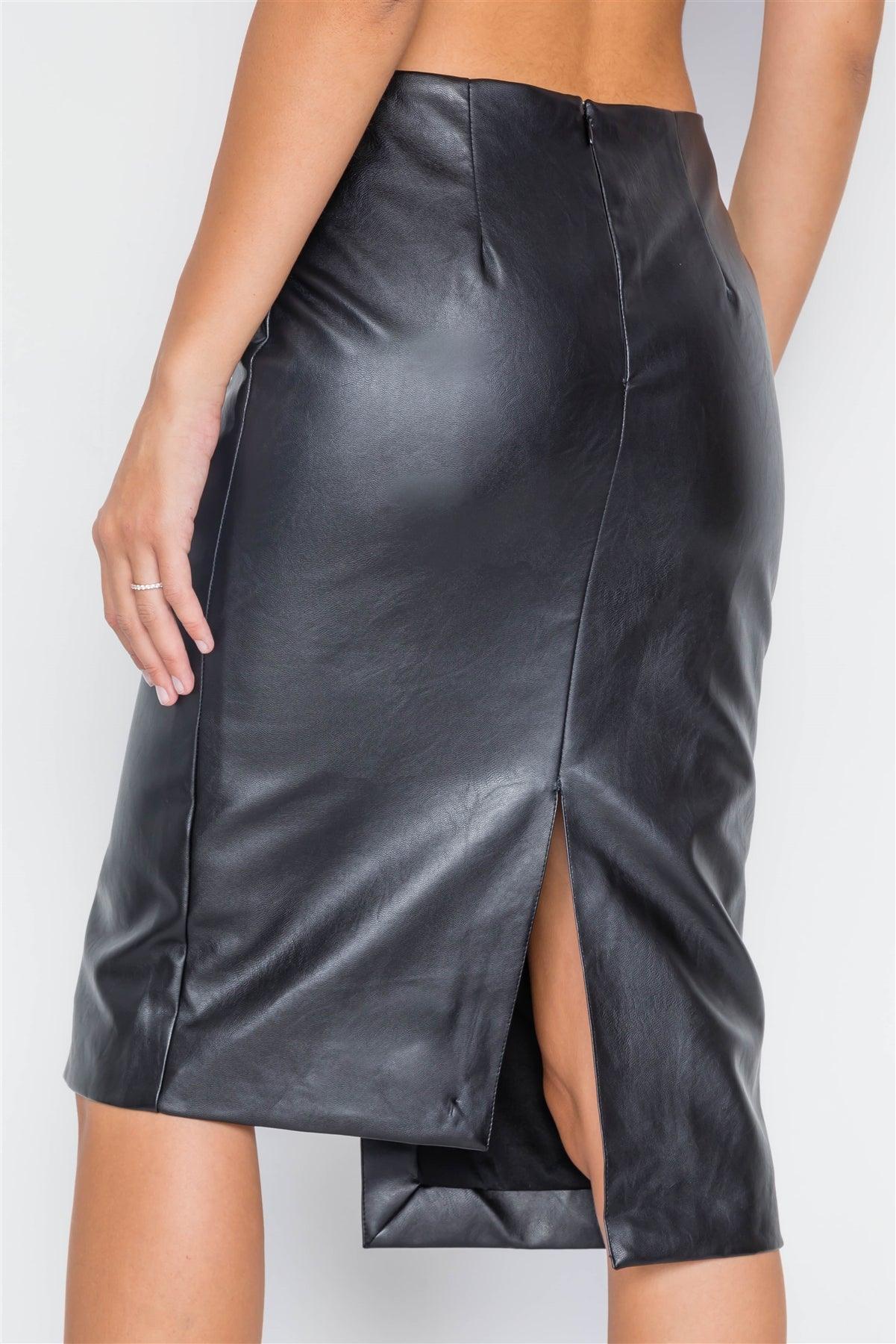 Black Vegan Leather High-Waist Asymmetrical Hem Skirt / 2-2-2