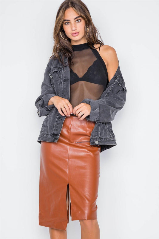 Camel  Vegan Leather High-Waist Asymmetrical Hem Skirt / 2-2-2