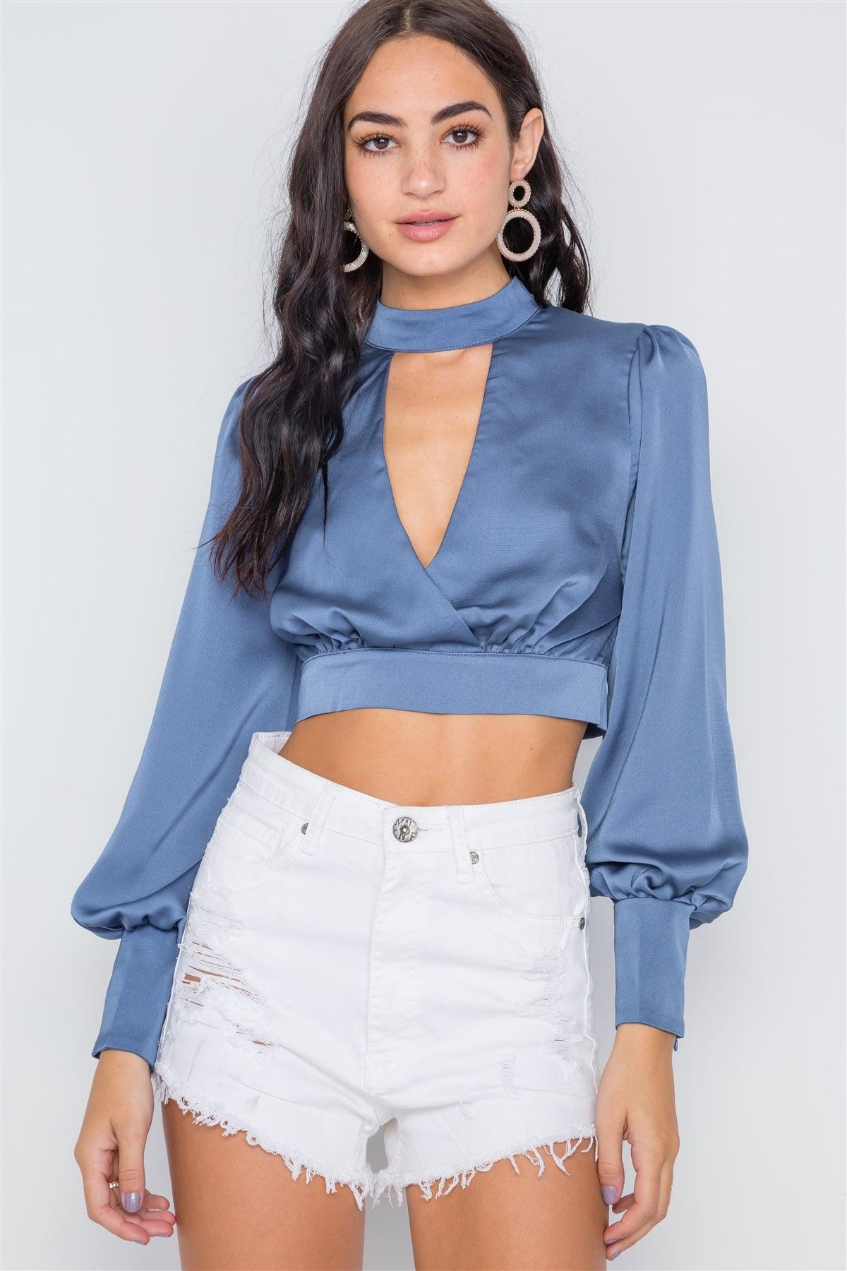 Slate Blue Satin Long Sleeve Crop Top /3-2-1