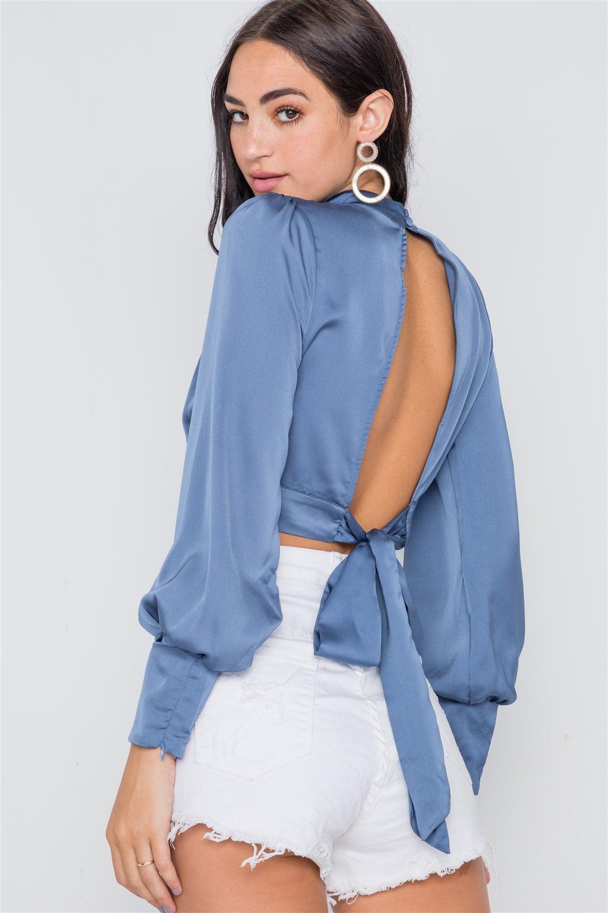 Slate Blue Satin Long Sleeve Crop Top /3-2-1