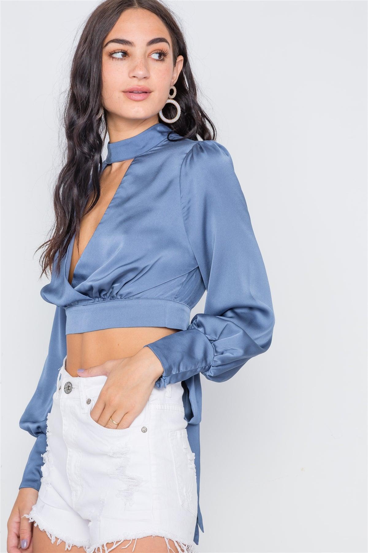 Slate Blue Satin Long Sleeve Crop Top /3-2-1