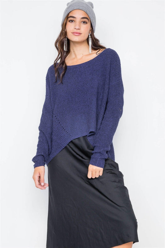 Navy Drop Shoulder Knit Relaxed Fit Scoop Neck Sweater /2-2-2