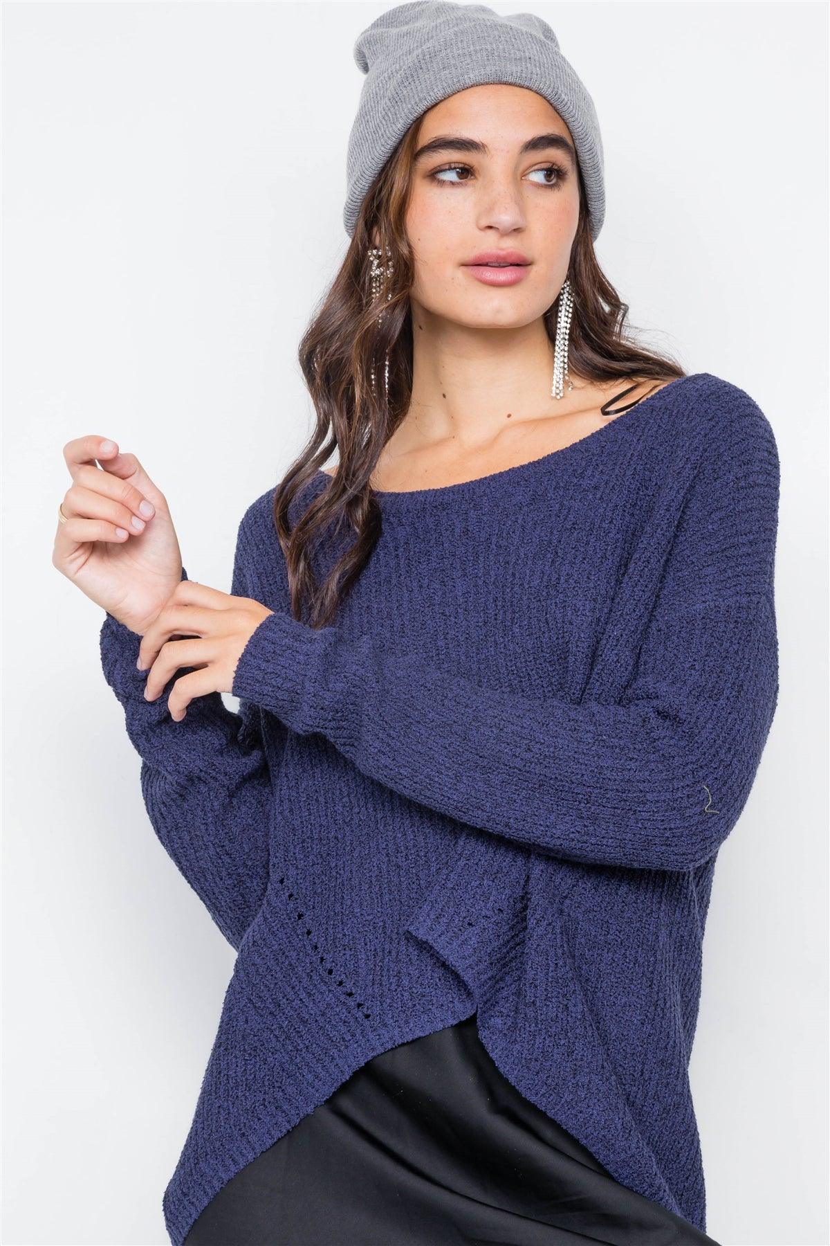 Navy Drop Shoulder Knit Relaxed Fit Scoop Neck Sweater /2-2-2