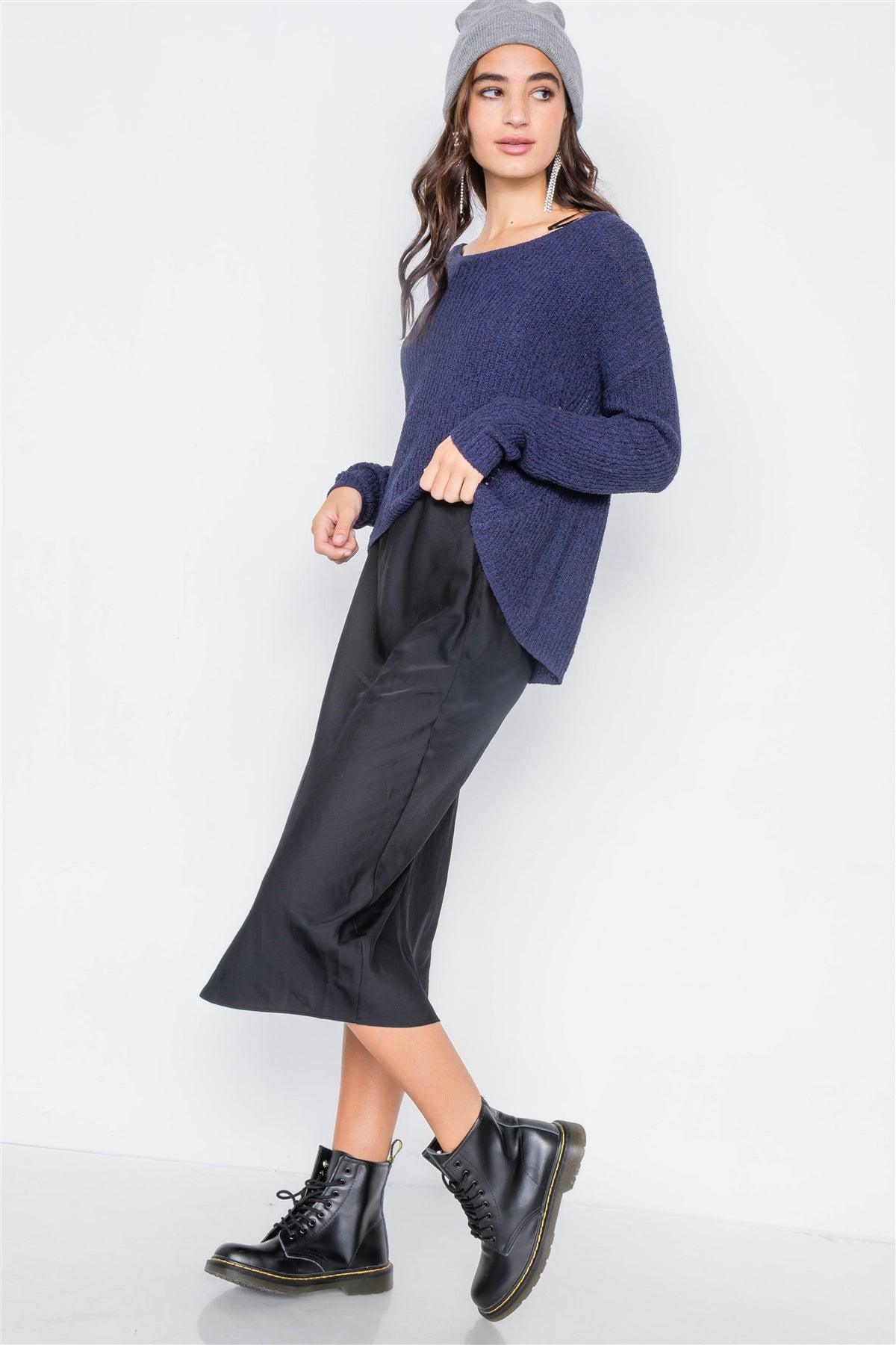 Navy Drop Shoulder Knit Relaxed Fit Scoop Neck Sweater /2-2-2