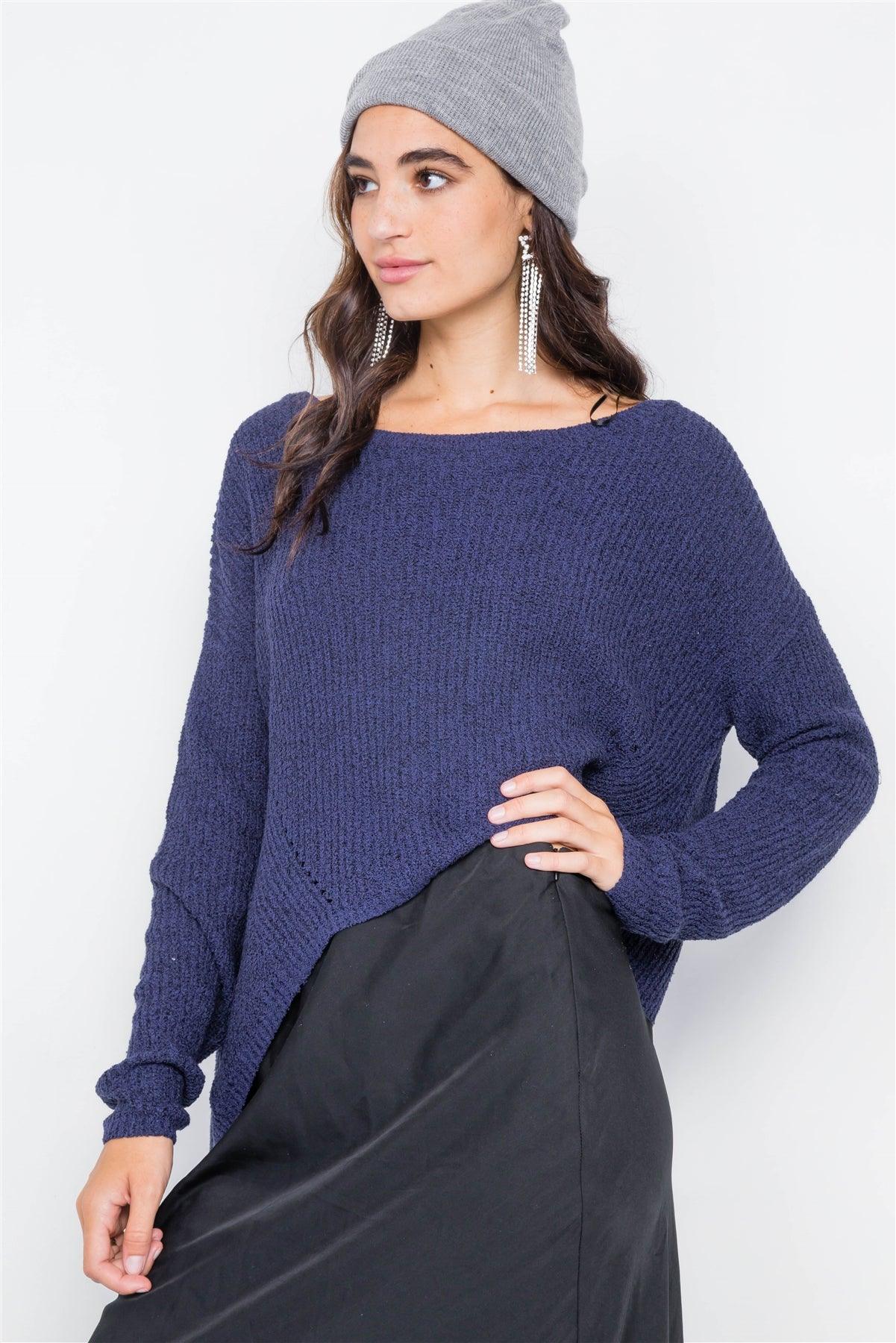 Navy Drop Shoulder Knit Relaxed Fit Scoop Neck Sweater /2-2-2