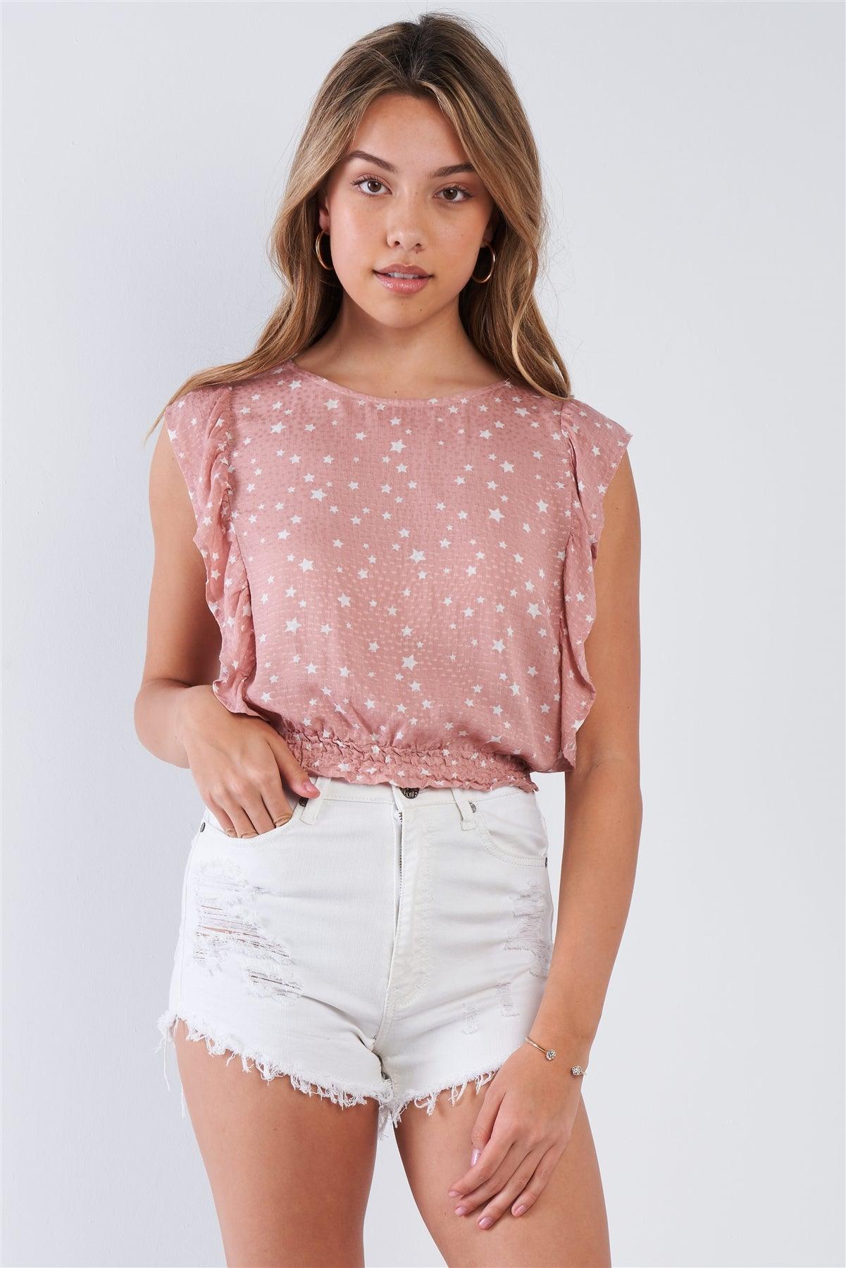 Mauve Sleeveless Star Print Ruffled Top /2-2-2