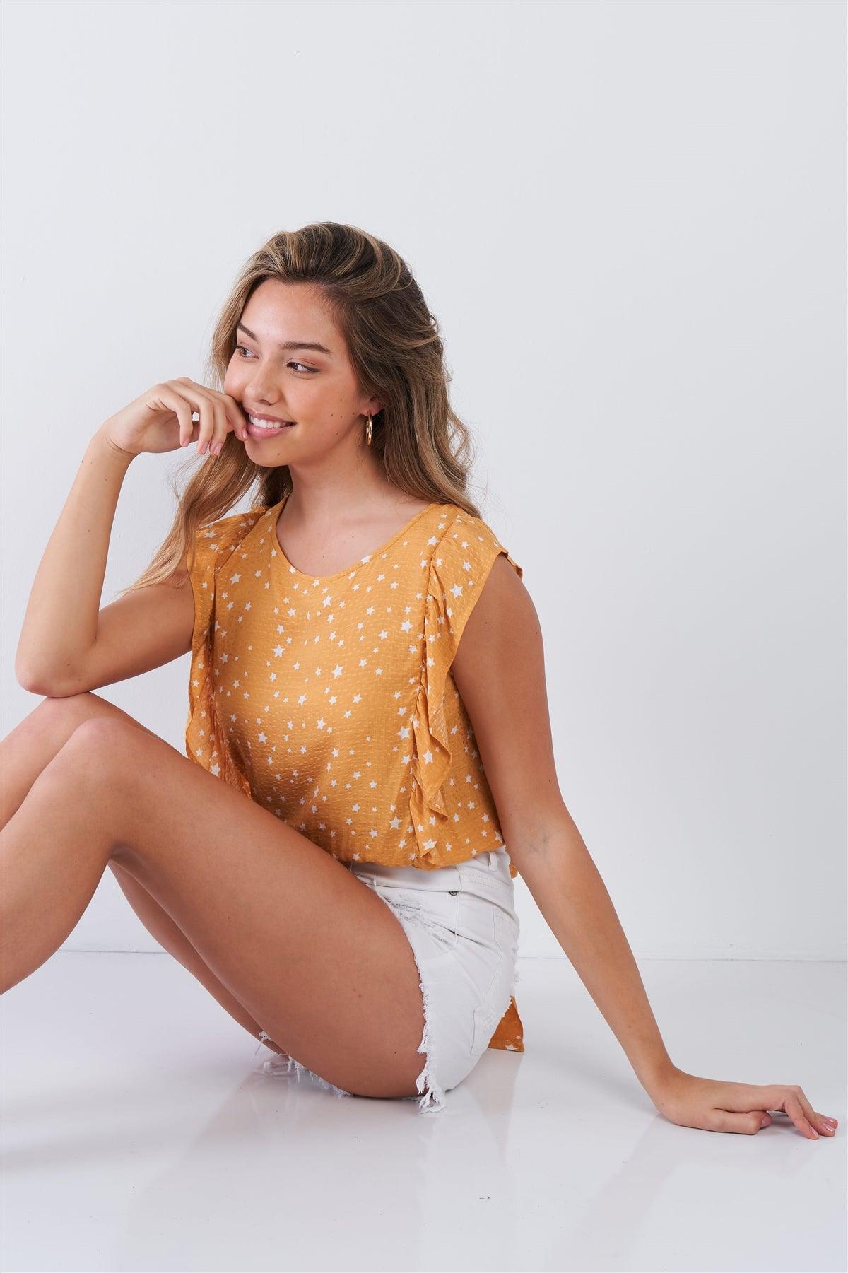 Mustard Sleeveless Star Print Ruffled Top /2-2-2