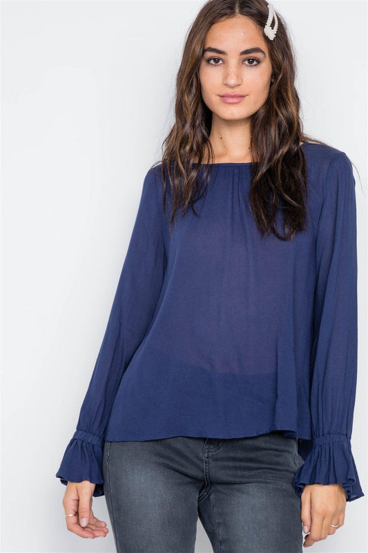 Navy Long Sleeve Solid Ruffle Sleeves Top /2-2-2