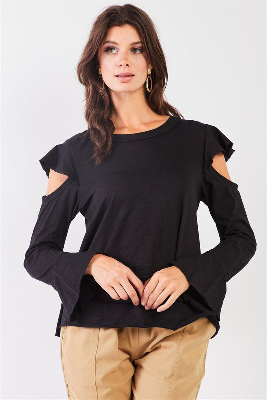 Black Cut-Out Shoulder Bell Sleeve Raw Edge Detail Layered Hem Top /1-1-2