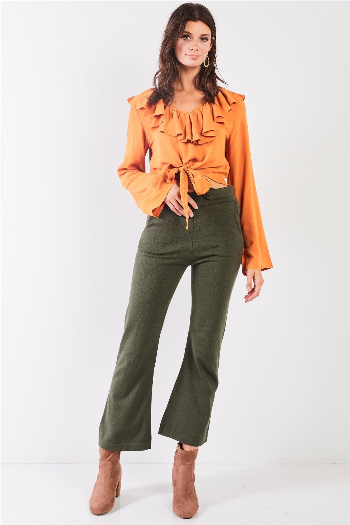 Papaya Orange Victorian Frill Collar Trim Wide Long Sleeve Self-Tie Front Detail Crop Top /2-1-2