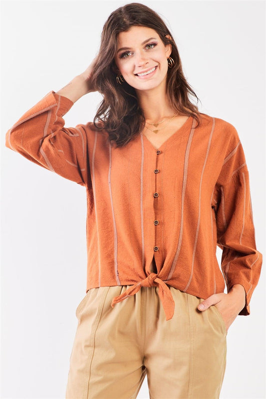 Carrot Striped V-Neck Button-Down Trim Self-Tie Detail Wide Long Sleeve Cotton Shirt Top /2-2-2