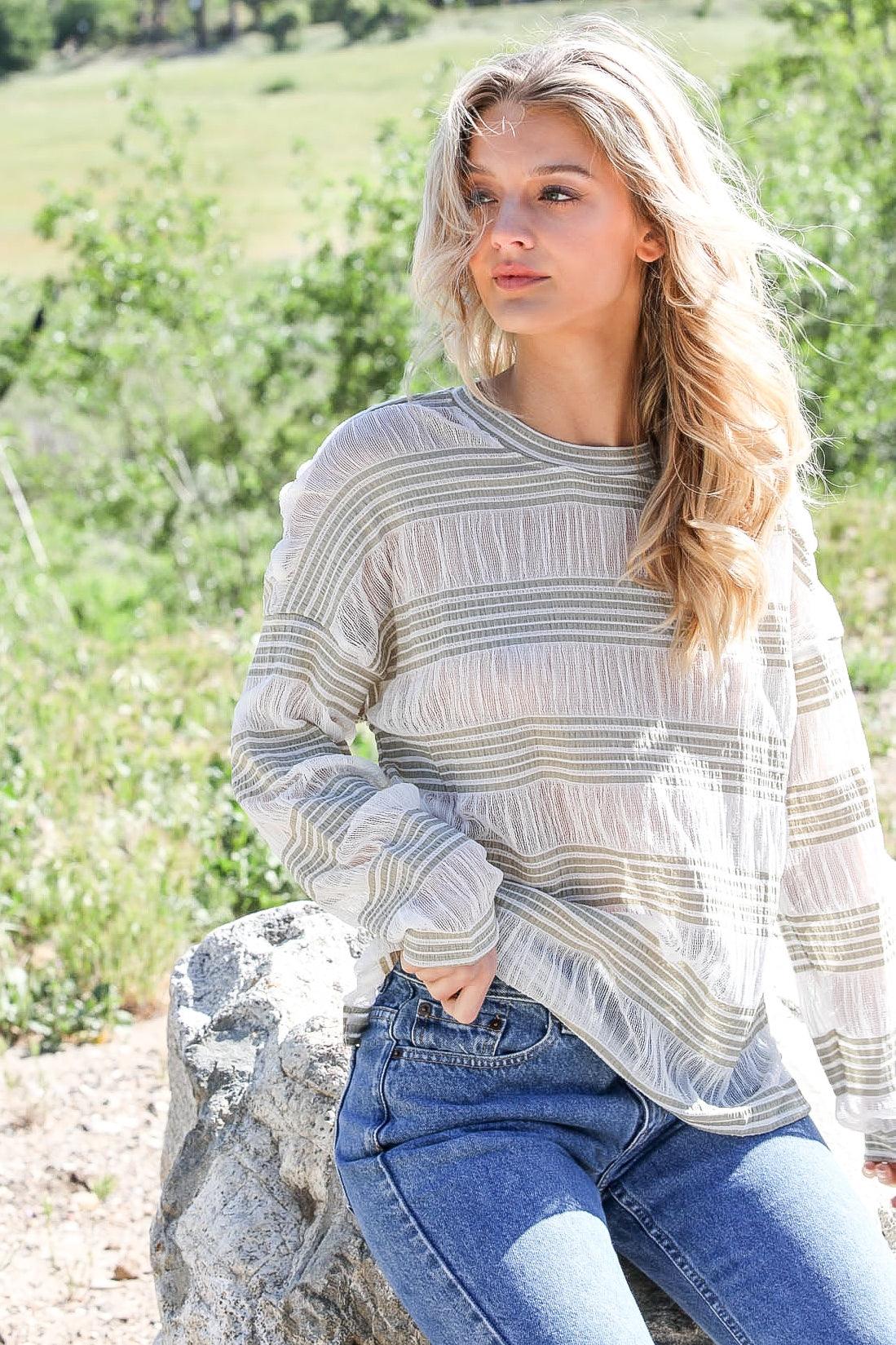 Sage Crochet Stripe Long Sleeve Semi-Sheer Top /1-2-1