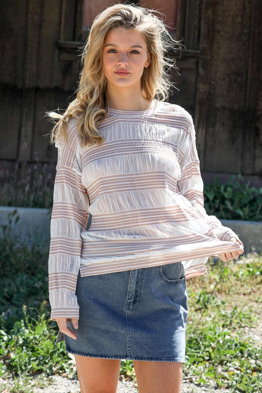 Tan Crochet Stripe Long Sleeve Semi-Sheer Top /2-2-3