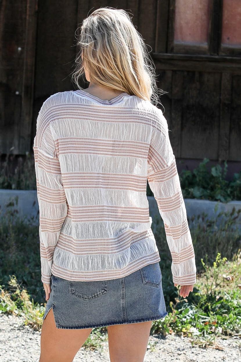 Tan Crochet Stripe Long Sleeve Semi-Sheer Top /2-2-3