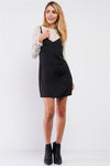 Black Satin Effect Sleeveless V-Neck Studded Strap Mini Dress & White Long Sleeve Lace Top Set /1-3-2-2