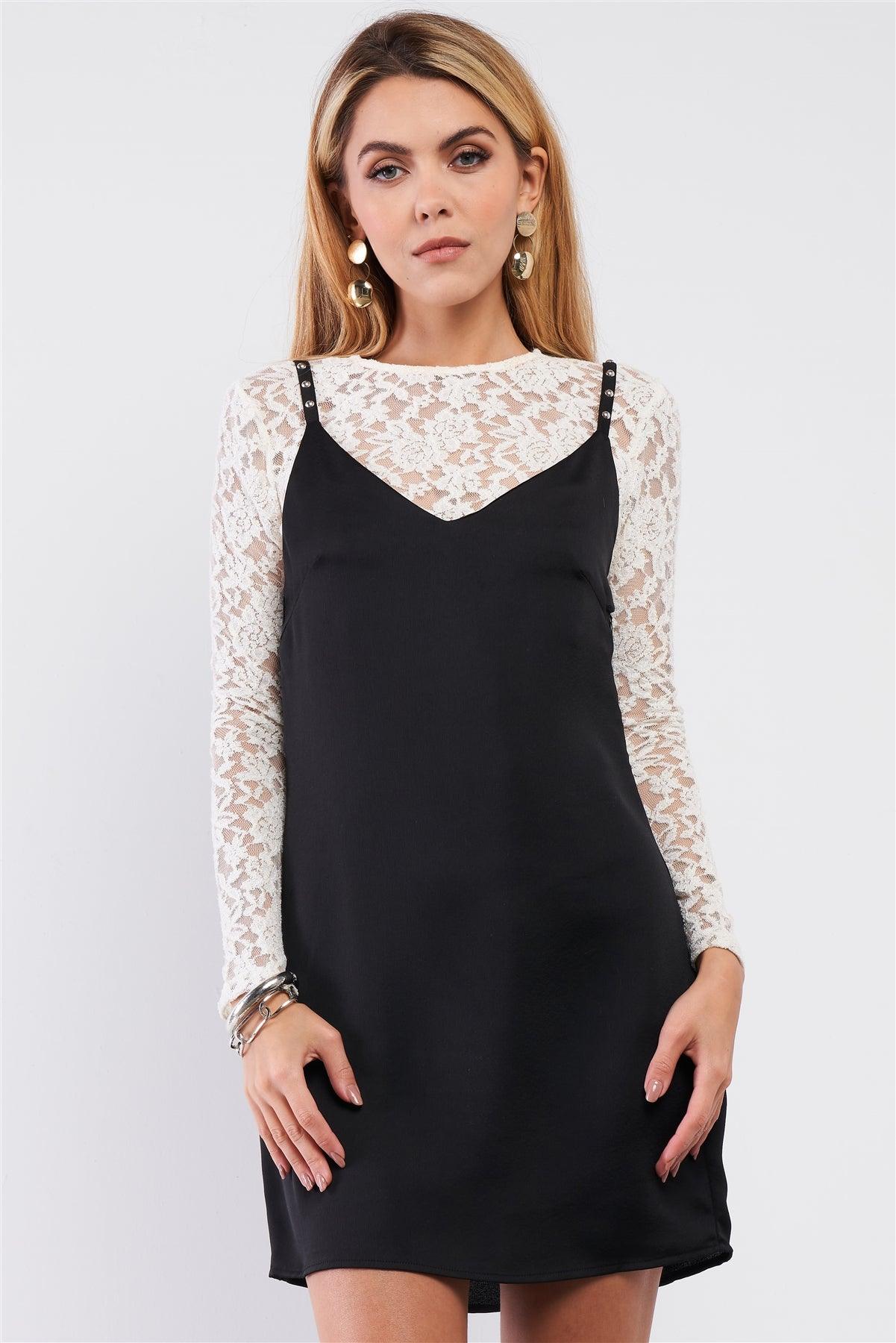 Black Satin Effect Sleeveless V-Neck Studded Strap Mini Dress & White Long Sleeve Lace Top Set /1-3-2-2