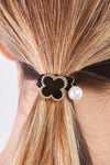 Black Onyx & Yellow Gold Edging Detail Pearl Bauble Elasticized Hair Tie /3 Pieces