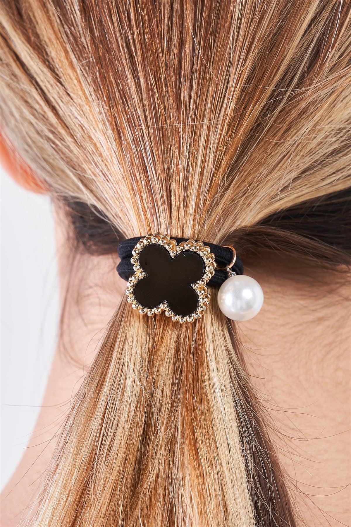 Black Onyx & Yellow Gold Edging Detail Pearl Bauble Elasticized Hair Tie /3 Pieces