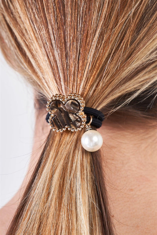 Brown Stone & Yellow Gold Edging Detail Pearl Bauble Elasticized Hair Tie /3 Pieces