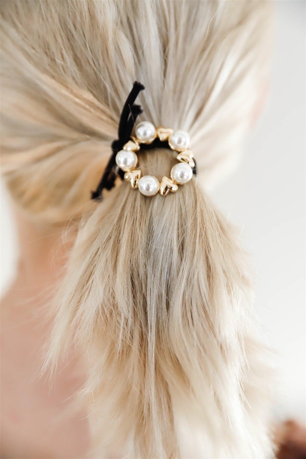 Circle Gold Pearl Detail Heart Shaped Hair Tie /3 Pieces