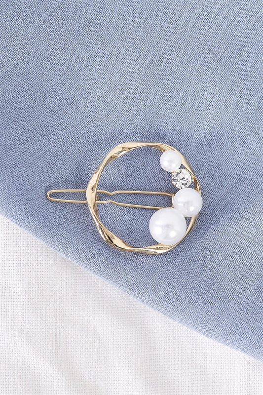 Gold Twisted Circle Shaped Pearl & Faux Diamond Detail Hair Clip /3 Pieces