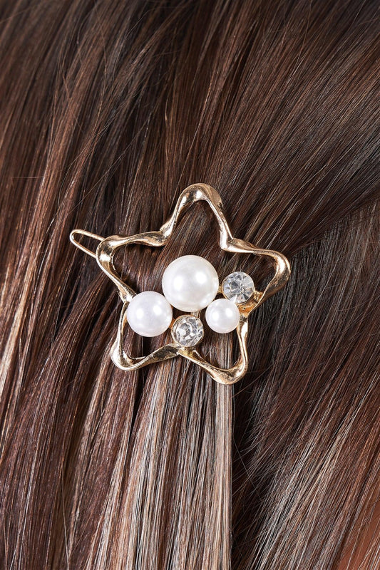 Gold Twisted Star Shaped Pearl & Faux Diamond Detail Hair Clip /3 Pieces