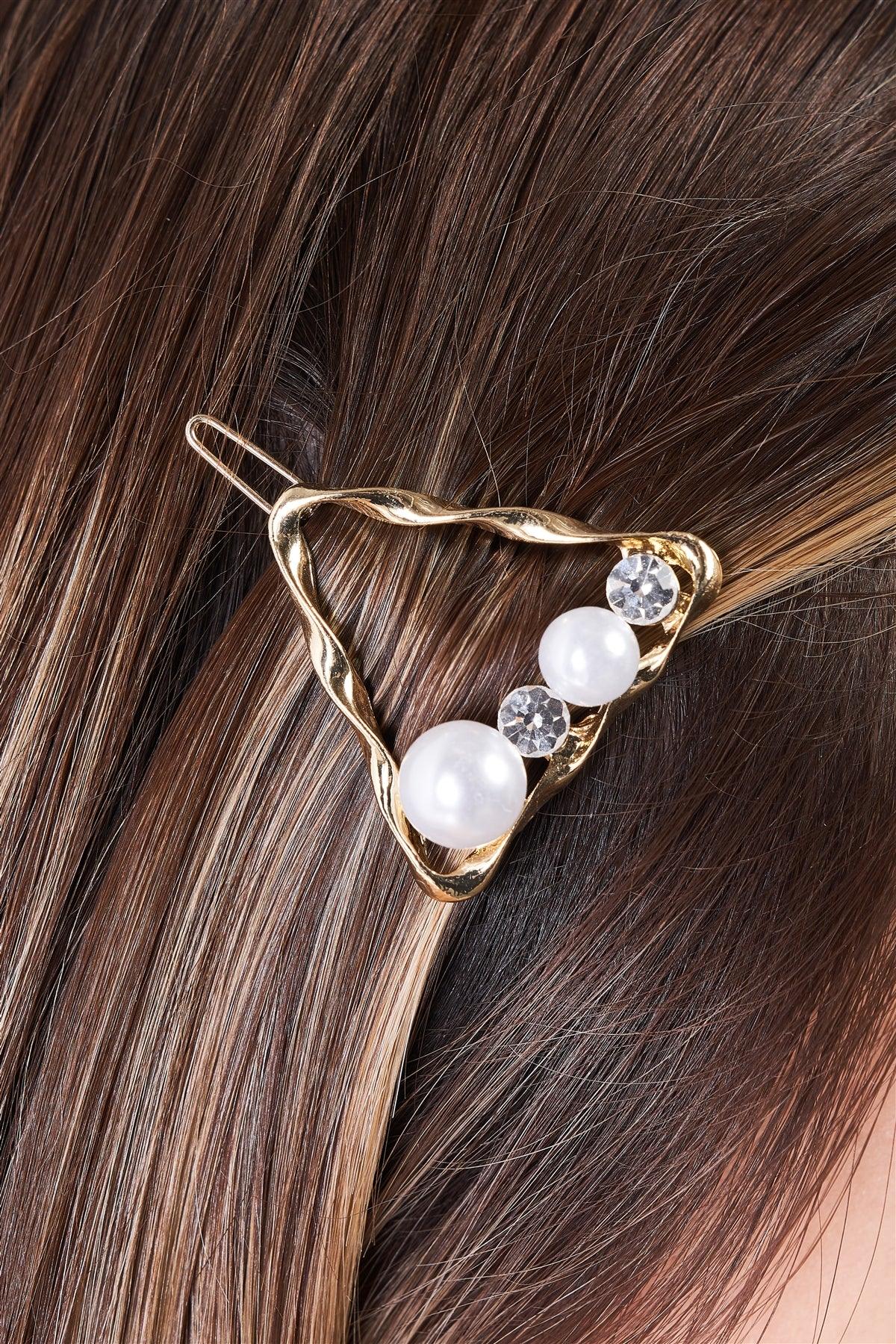 Gold Twisted Triangle Shaped Pearl & Faux Diamond Detail Hair Clip /3 Pieces