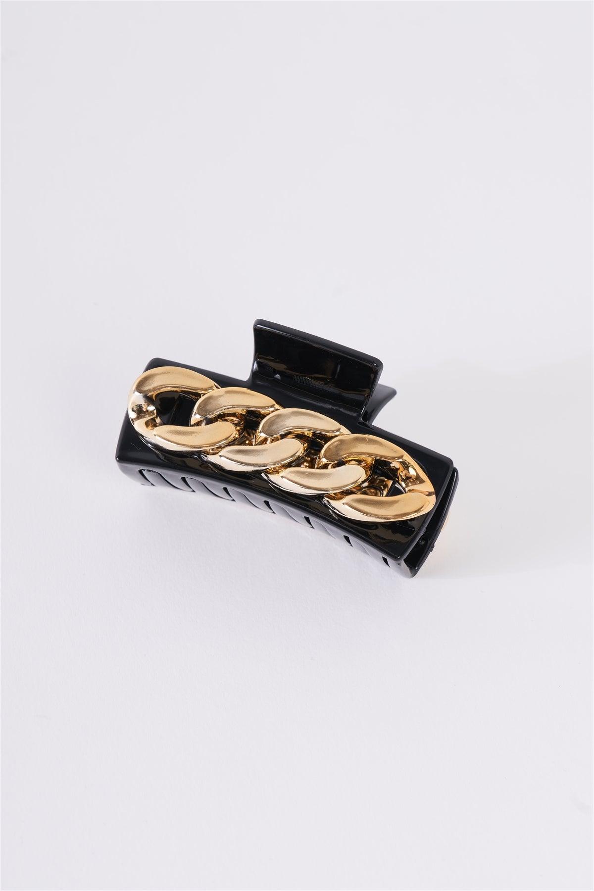 Small Gold Chain Black Glossy  Claw Hair Clip /3 Pieces