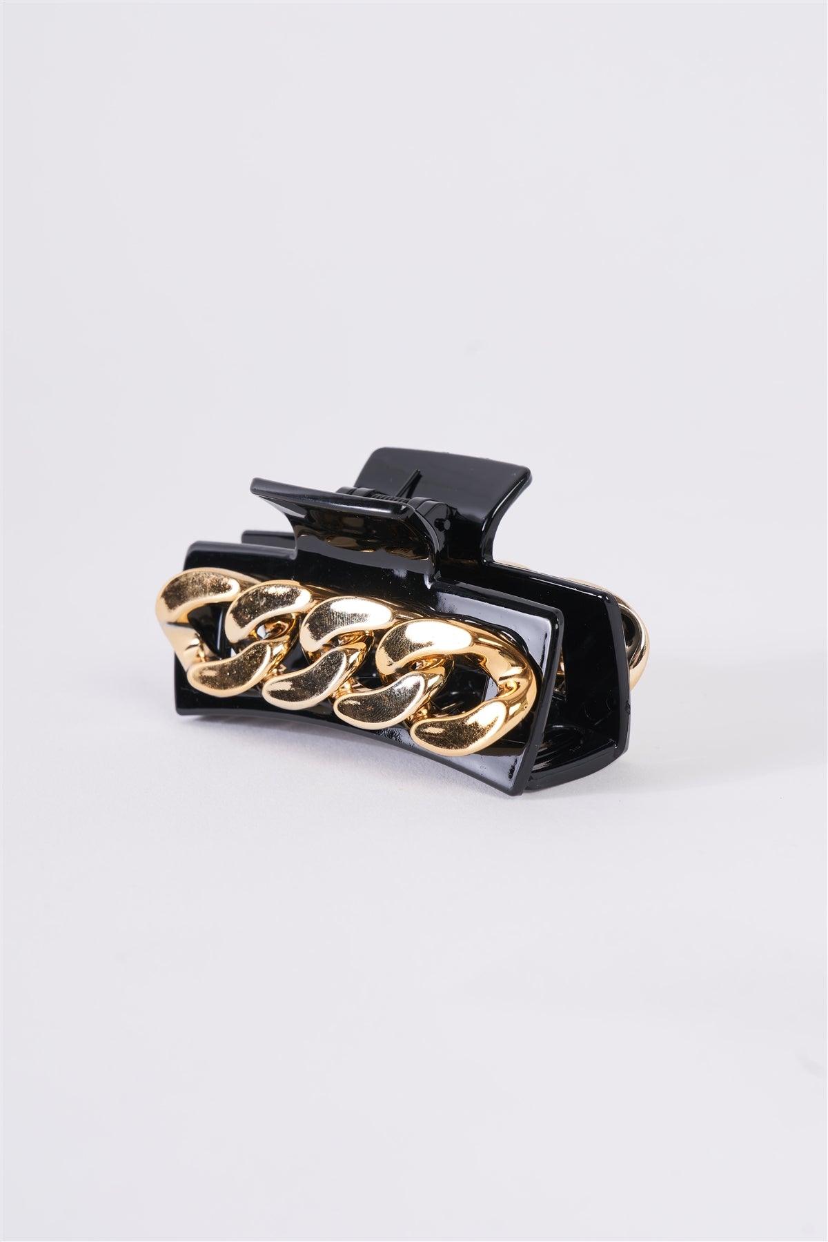 Small Gold Chain Black Glossy  Claw Hair Clip /3 Pieces