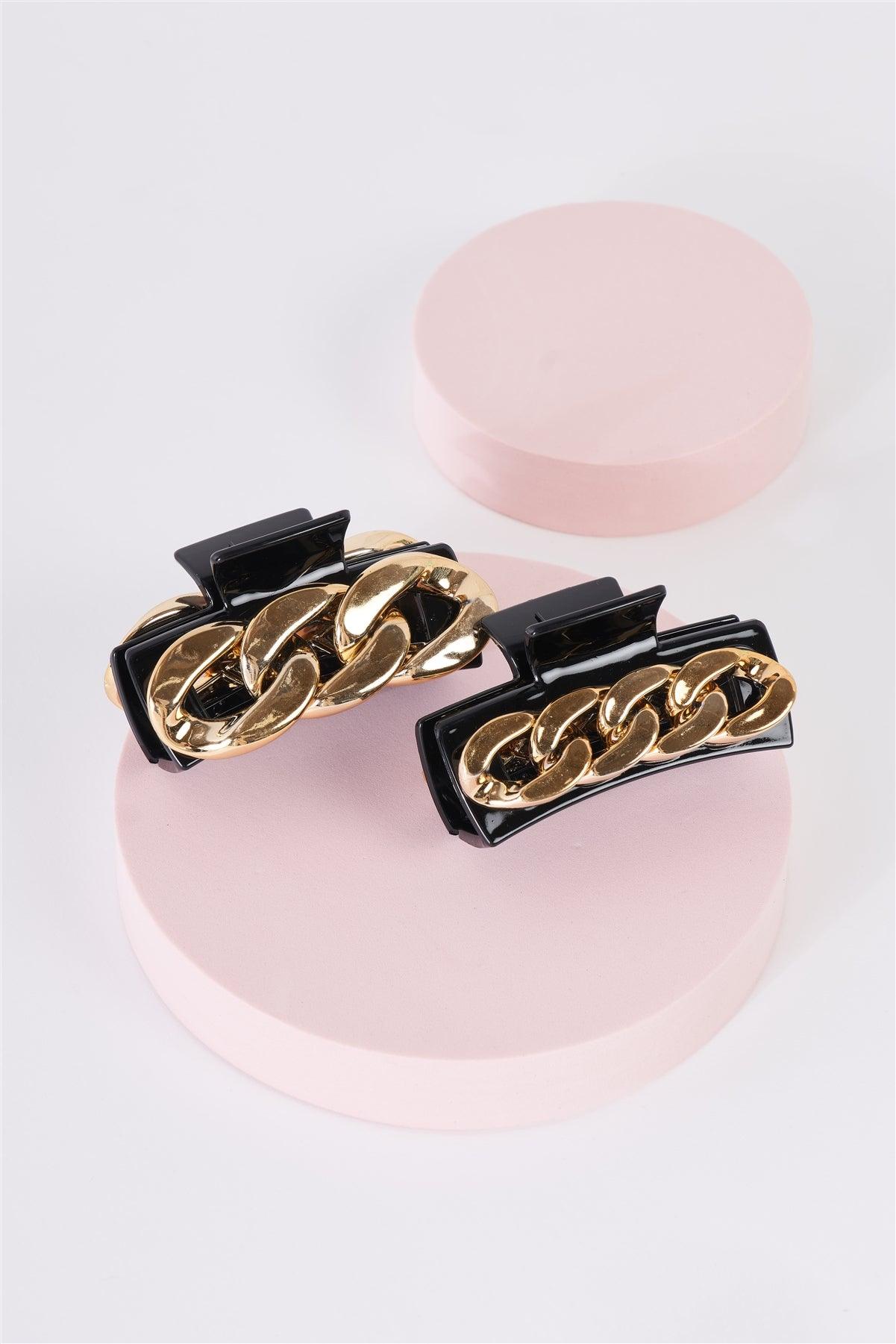 Small Gold Chain Black Glossy  Claw Hair Clip /3 Pieces