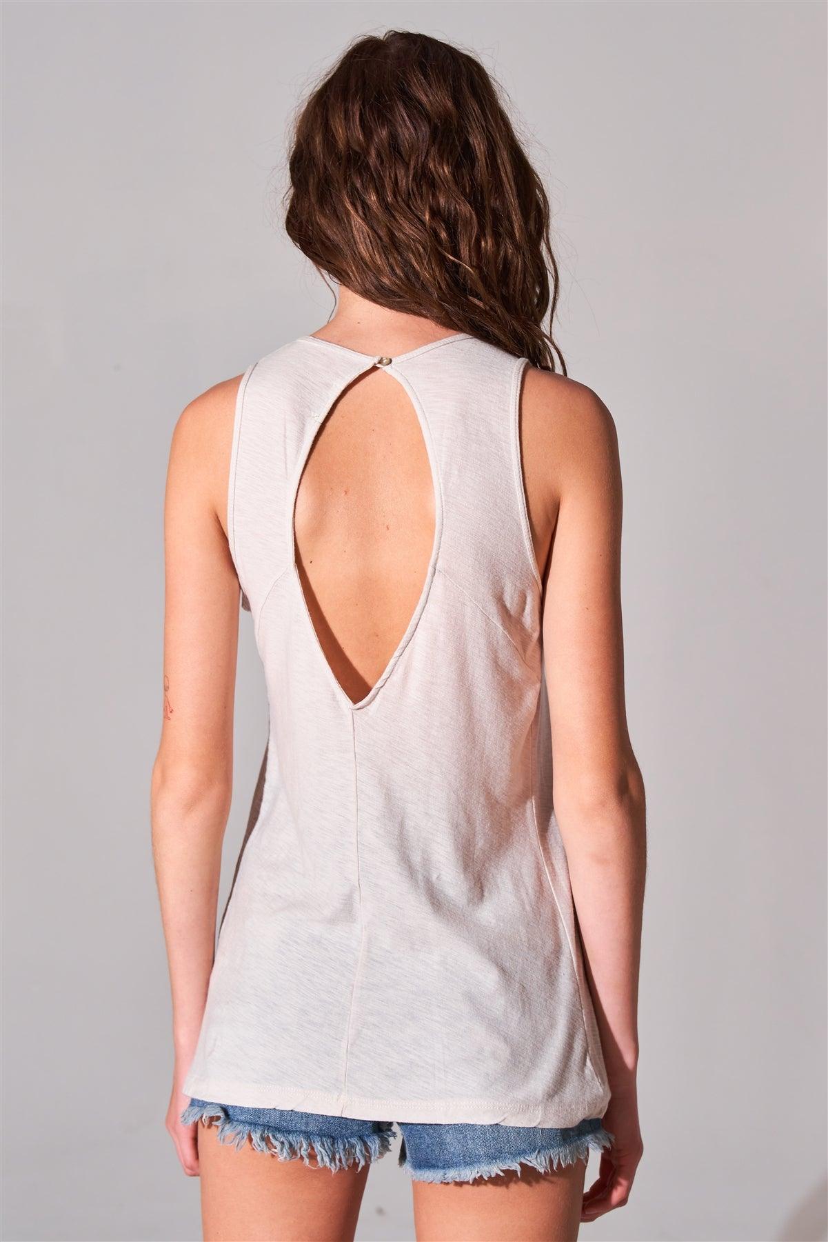 Clay Sleeveless Crew Neck Cut-Out Back Detail Longline Tank Top /1-2-3