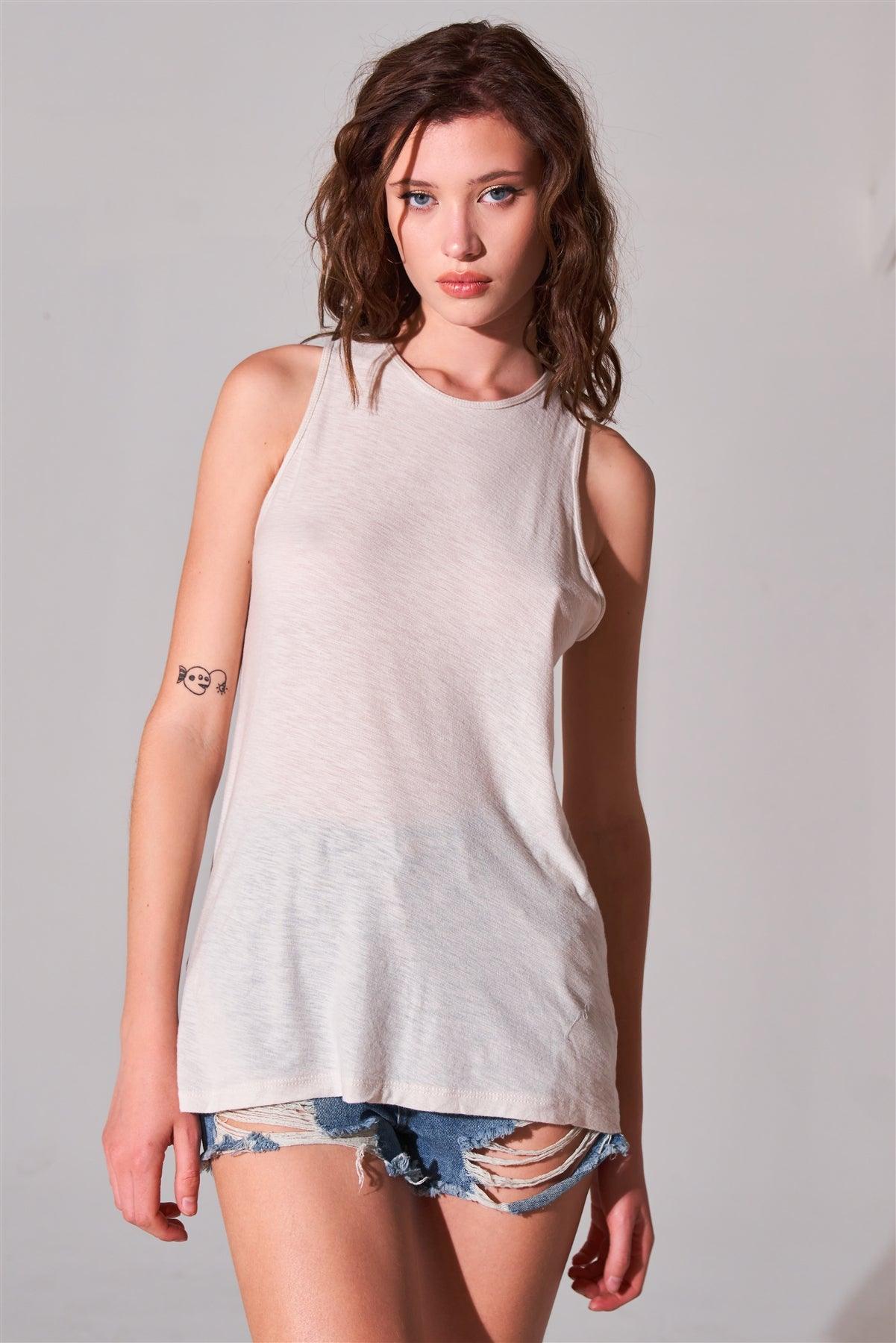 Clay Sleeveless Crew Neck Cut-Out Back Detail Longline Tank Top /1-2-3