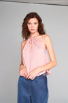 Misty Rose Sleeveless Halter Neck Self-Tie Front Drawstring Loose Fit Top /1-2-2-1