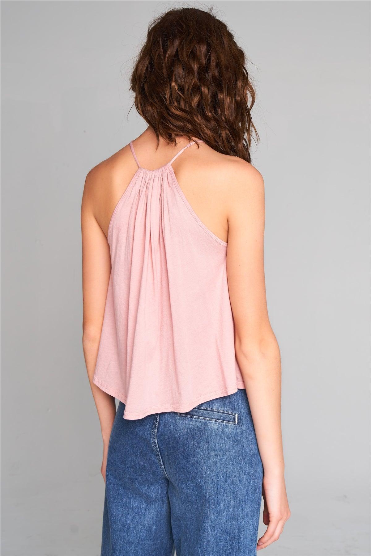 Misty Rose Sleeveless Halter Neck Self-Tie Front Drawstring Loose Fit Top /1-2-2-1