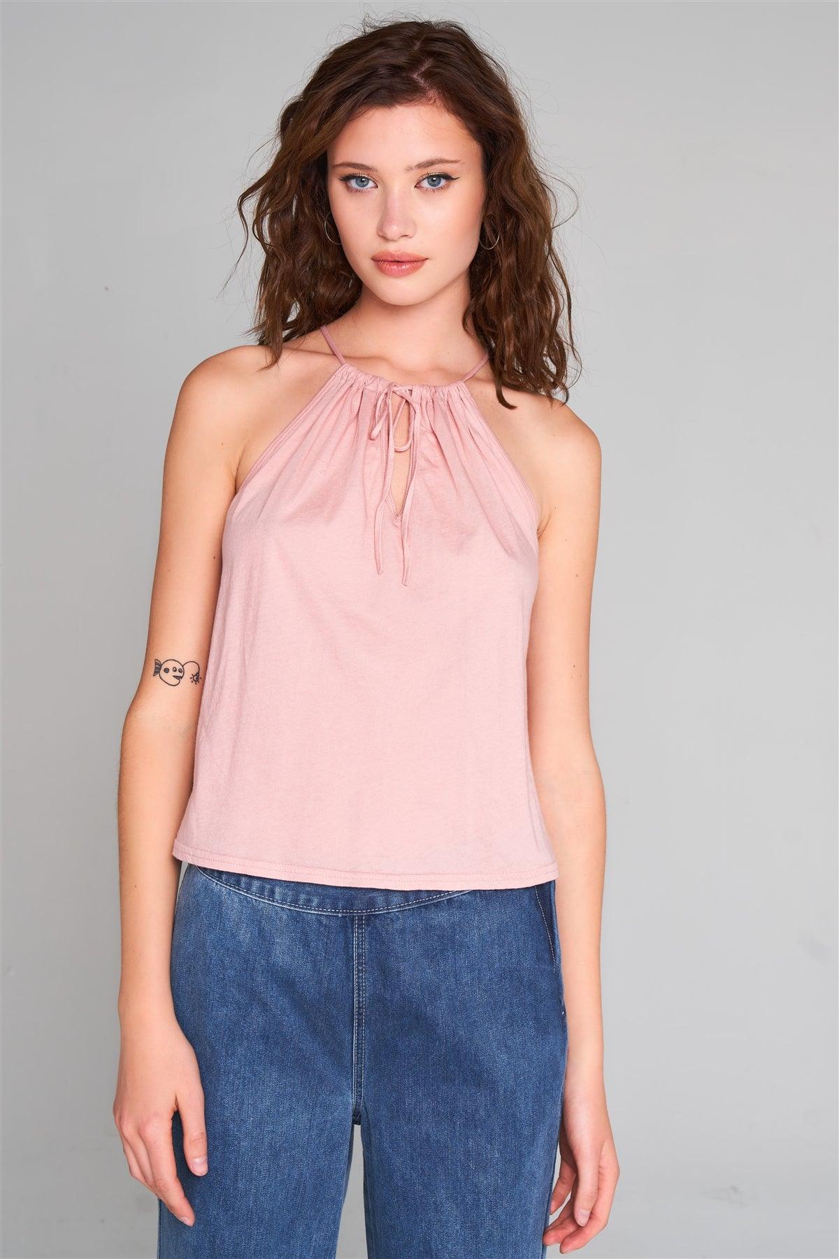 Misty Rose Sleeveless Halter Neck Self-Tie Front Drawstring Loose Fit Top /1-2-2-1