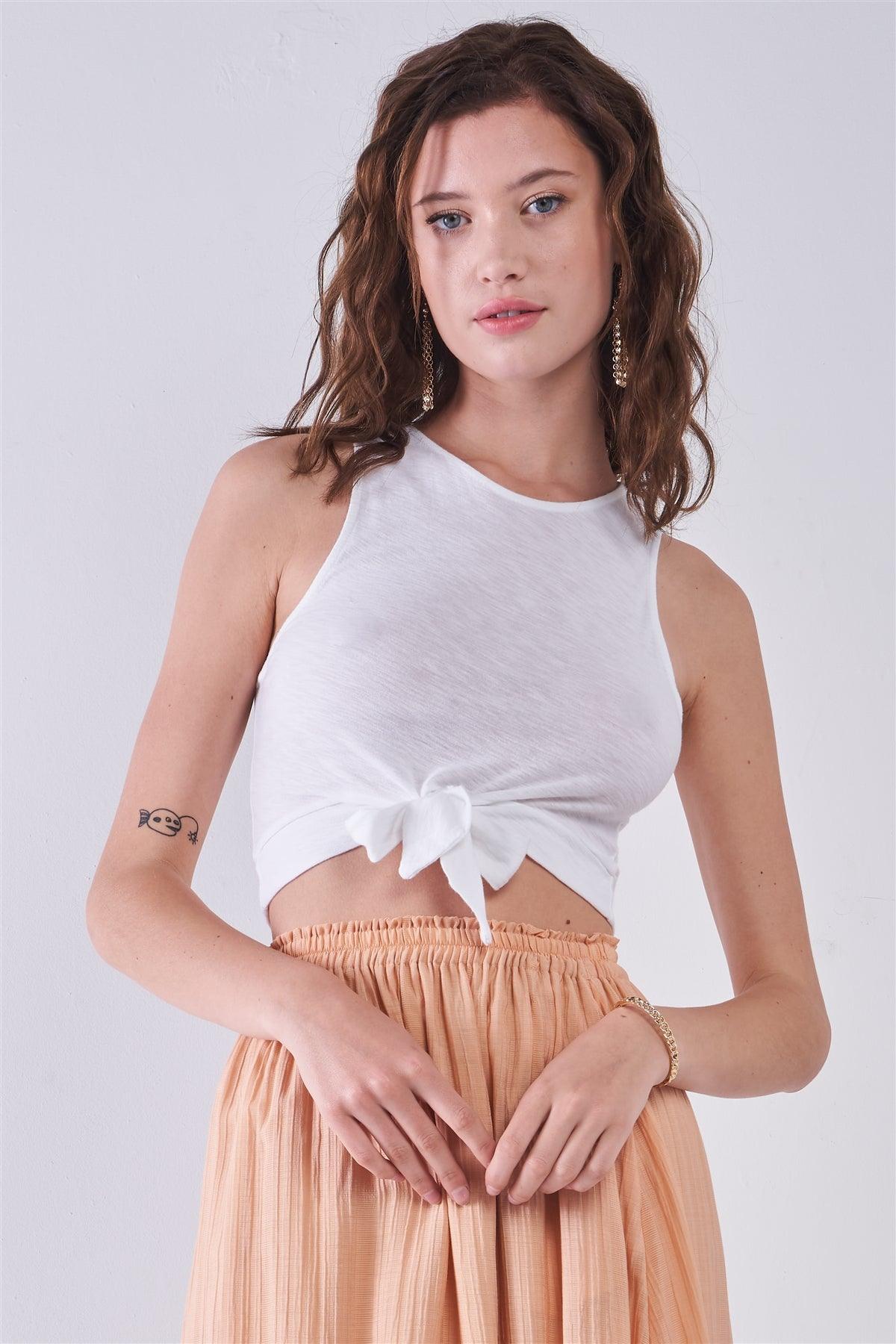 White Sleeveless Crew Neck Self-Tie Front Detail Crop Top /1-1-2-1