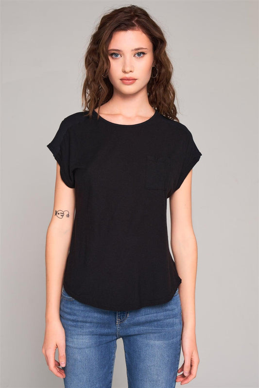 Black Ribbed Shoulder Round Neck Chest Pocket Detail Relaxed Tee /1-2-2-1