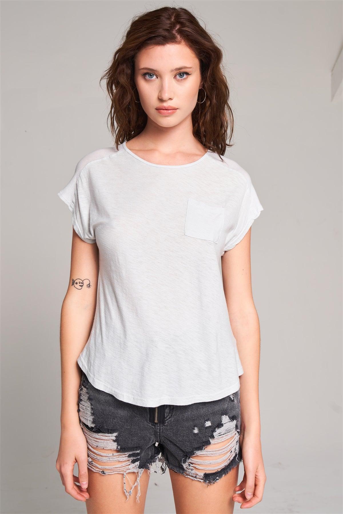 Moonshine Grey Ribbed Shoulder Round Neck Chest Pocket Detail Relaxed Tee /1-2-2-1