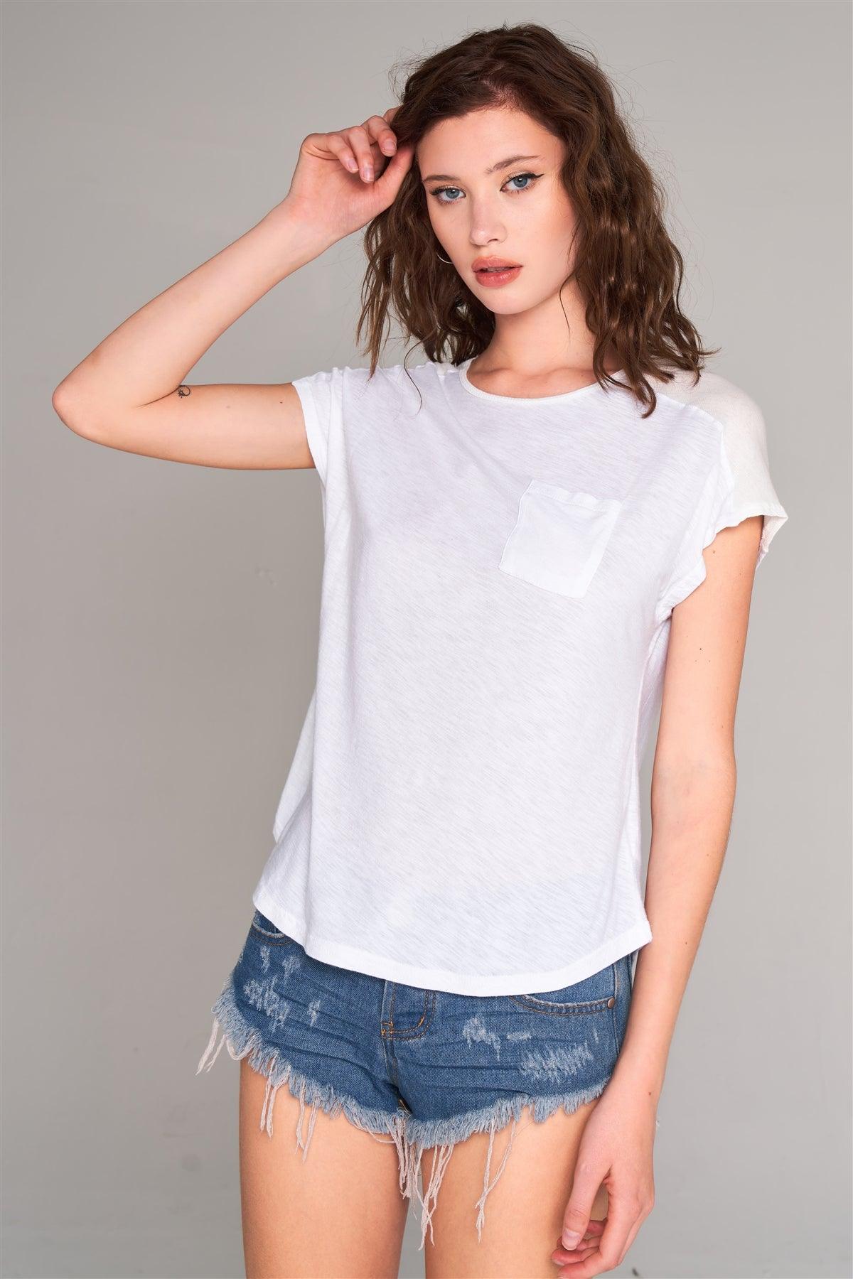 White Ribbed Shoulder Round Neck Chest Pocket Detail Relaxed Tee /2-1-2-1