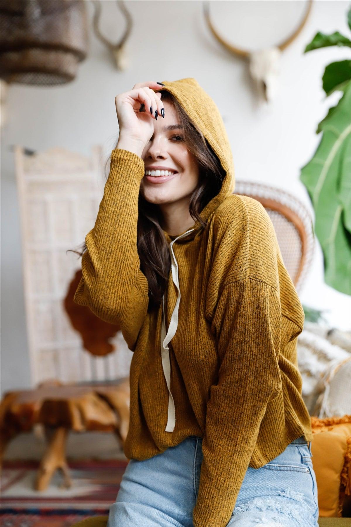 Mustard Knit Ribbed Hooded Sweater /2-2-2