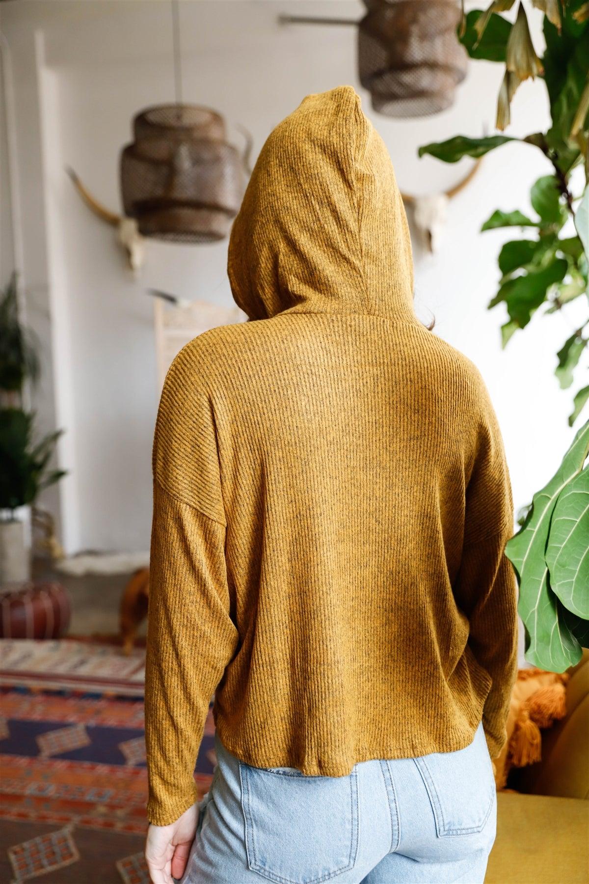 Mustard Knit Ribbed Hooded Sweater /2-2-2