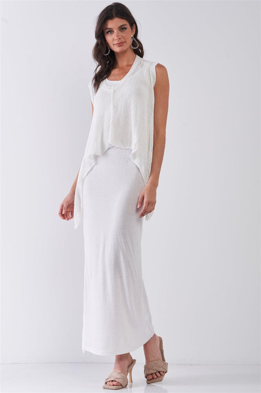 Boho White Maxi Dress With Crochet Sleeveless Poncho